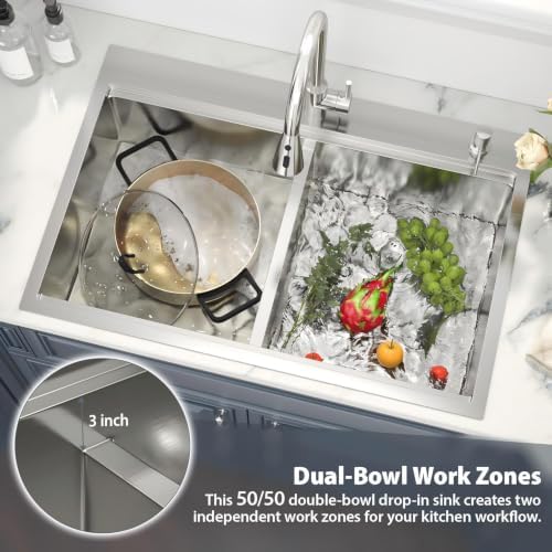 33 x 22 Drop In Kitchen Sink Double Bowl Stainless Steel Sinks Low Divide - Image 6