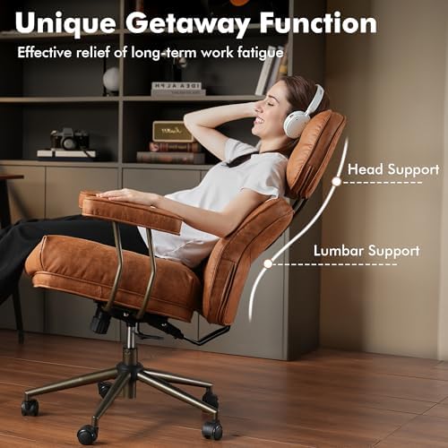 Brown Leather Home Office Chair, Ergonomic High Back Executive Chair with Deep Seat Thick Cushion, Mid Century Modern Big and Tall Computer Desk Chair with Lumbar Support (Light Brown Suede) - Image 5