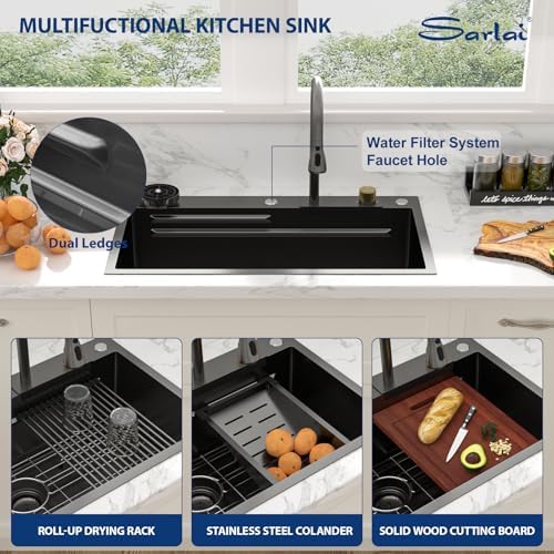 Sarlai 33 Inch Black Waterfall Kitchen Sink 33x19 Drop In Workstation Kitchen Sink Stainless Steel 16 Gauge Topmount Single Bowl Multifunctional Top Mount Sinks with Faucet Combo - Image 6