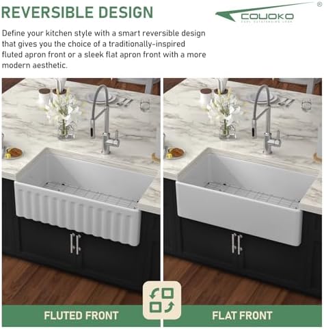 White Farmhouse Sink 33 Inch Fireclay Reversible Apron Front Farm Sink 33"x18"x10" Glossy White Porcelain Farms House Style Single Bowl Farmhoues kitchen Sinks with Luxury Accessories - Image 4