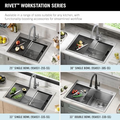 DELTA FAUCET DELTA Rivet 33-Inch Workstation Kitchen Sink Drop-In Top Mount 16 Gauge Stainless Steel Single Bowl with WorkFlow Ledge and Chef’s Kit of 5 Accessories, 95A931-33S-SS - Image 3