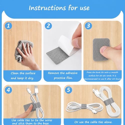 Under-Desk Cable Management Kit: 20 Adhesive & 100 Zip Ties (Grey) - Image 4