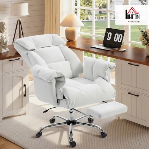 HOMCOM Executive Office Chair Comfy with Foot Rest Reclining Cream White - Image 2