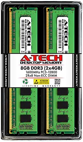 A-Tech 8GB (2 x 4GB) DDR3 1600MHz PC3-12800 Desktop RAM Kit | Non-ECC Unbuffered DIMM Dual Rank 2Rx8 1.5V 240-Pin Memory Upgrade Modules by A-TechComponents