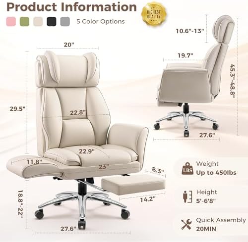 Big and Tall Office Chair, Flip Armrests for Pets & Cross Legged Sitting, Ergonomic Leather Executive Desk Chair with Foot Rest, High-Back Reclining Computer Chairs for Home Office Gaming, Beige - Image 2