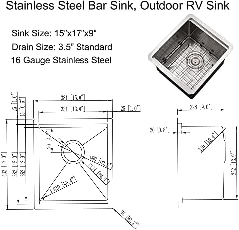 Undermount Bar Sink Stainless Steel, 15 x 17 Inch - Image 7