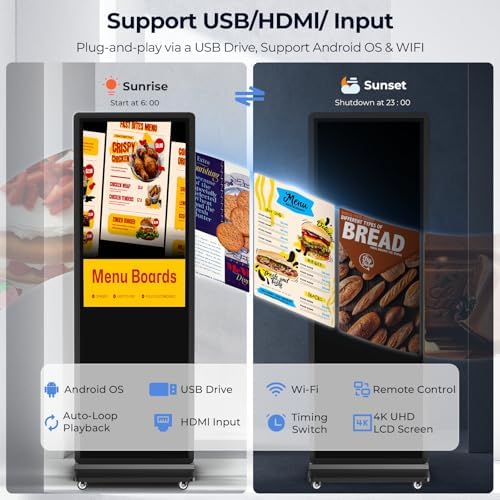32/43/55/65 Inch 4K Digital Signage Display, LCD Screen Advertising Display Kiosk Interactive Totem Floor Standing Auto AD Player with USB/HDMI/WiFi Android OS (65'' Non-Touch) - Image 4