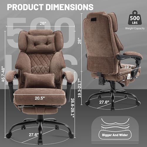 Office Chair with Foot Rest,3D Kneading Massage & Heat Executive Office Chairs for Heavy People,500LBS Big and Tall Office Chair,Ergonomic Reclining Desk Chair,Dual-Use Pillow,Home Office,BrownCloth - Image 3