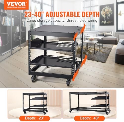 VEVOR 9U Open Frame Server Rack, 23''-40'' Adjustable Depth, Free Standing or Wall Mount Network Server Rack, 4 Post AV Rack with Casters, Holds All Your Networking IT Equipment AV Gear Router Modem - Image 2