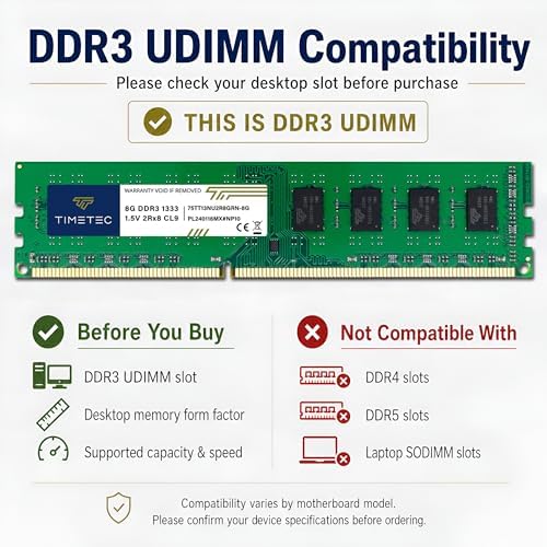 Timetec 8GB DDR3 1333MHz PC3-10600 Non-ECC Unbuffered 1.5V CL9 2Rx8 Dual Rank 240 Pin UDIMM Desktop Memory RAM Module Upgrade (8GB) - Image 4