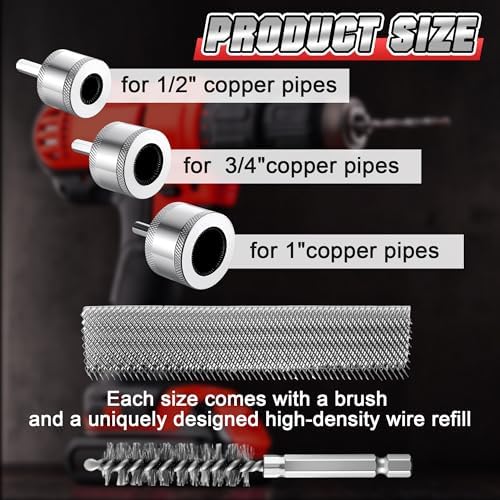 1/2"&3/4"&1" Copper Pipe Cleaner for Drill with 1/4" Hex Shank & Brush Blades & Metal Pipe Cleaning Brush, Tube Thread Cleaner, Plumbing Tools for Plumber Removing Rust, HVAC Stain Removal(3 Piece) - Image 2