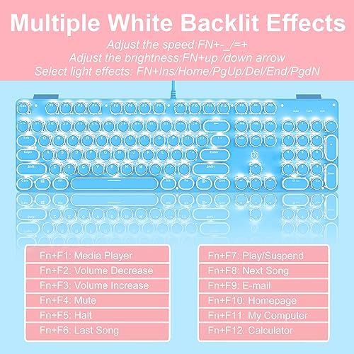 YSCP Typewriter Style Mechanical Gaming Keyboard White Backlit Wired with Blue Switch Retro Round Keycap 104 Keys Keyboard (Blue) - Image 3