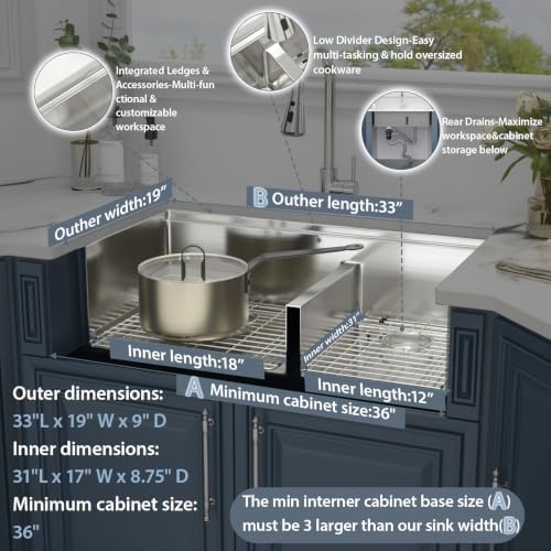 33 Undermount Kitchen Sink Stainless Steel 16 Gauge Double Bowl Low Divide - Image 5