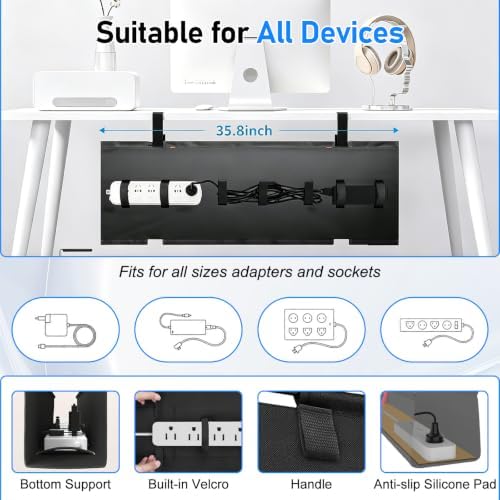 36" Under Desk Cable Management Tray, No-Drill Clamp-On Under Desk Cord Management for Desk, Anti-Sag Fabric Wire Management for Power Strips, Cable Raceways Tray Cord Hiders for Office/Home (Black) - Image 3