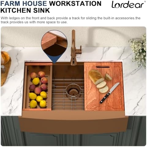 Lordear 33x21Inch Copper Tone Bronze Farmhouse Kitchen Sink Workstation SUS304 16-Gauge Stainless Steel Farmhouse Sink Apron Fron Farm Style Undermount Sinks, 33"x21"x10" - Image 5