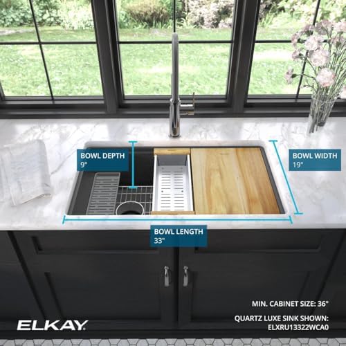 Elkay ELXRU13322W Quartz Luxe 33" Undermount Single Basin Quartz Composite Workstation Kitchen Sink with Basin Rack, Colander and Cutting Board - Sandstone - Image 5