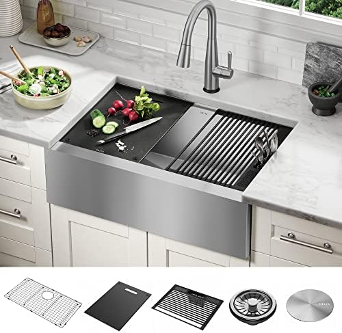 DELTA FAUCET Rivet 30-inch Workstation Farmhouse Apron Front Kitchen Sink Undermount 16 Gauge Stainless Steel Single Bowl with WorkFlow Ledge and Kit of 5 Accessories, 95C9031-30S-SS - Image 2