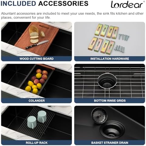 Lordear 32x19 Matte Black Undermount Kitchen Sink - T304 16 Gauge 32 Inch Undermount Kitchen SInk Black Workstation Stainless Steel Single Bowl Handmade 32x19x10 Inch - Image 6