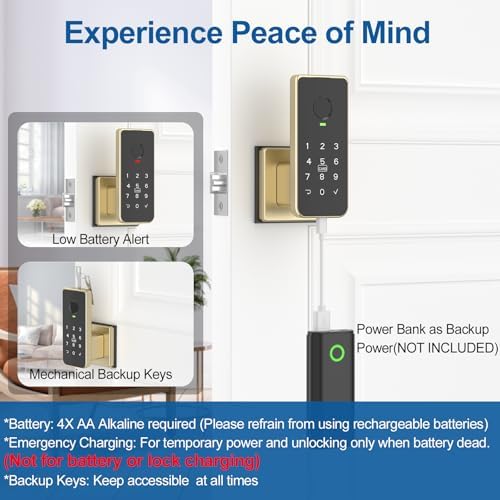 Foxgard Fingerprint Door Lock – 5-in-1 Biometric Smart Lock with Keypad, App Control, Key, Auto-Lock, Electronic Anti-Lock – Keyless Entry for Bedroom, Office, Indoor Use – Gold - Image 3