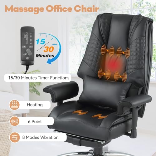 Vibration Massage Heated Office Desk Chair with Foot Rest, Black - Image 5