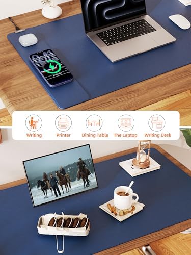 Mouse Pad with 15W Wireless Charging, XXL Large Leather Desk Mat, Blue - Image 6