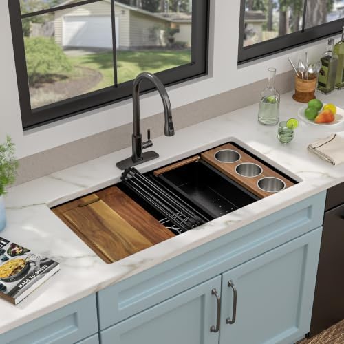 36" x 19" Undermount Matte Black Workstation Kitchen Sink - Image 2
