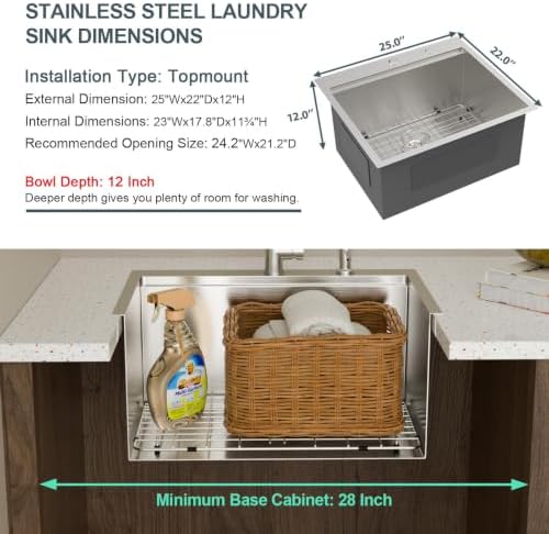Lordear 25x22 Inch Drop In Laundry Sink with Faucet 12 Inch Deep - Image 7