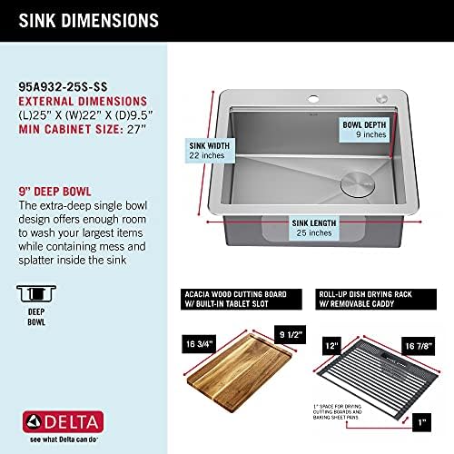 DELTA FAUCET 95A932-25S-SS Lorelai Workstation Kitchen Sink Drop-in Top Mount Stainless Steel Single Bowl with WorkFlow Ledge and Chef’s Kit of 5 Accessories - Image 5