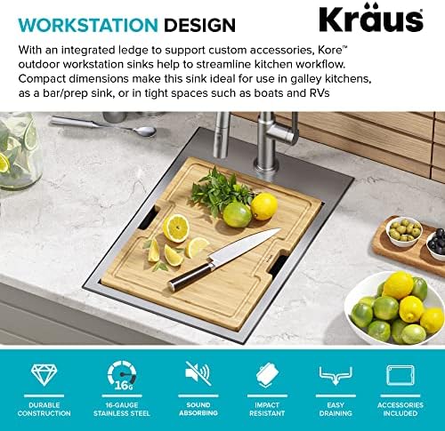 Kraus KWT311-15-316 Kore Outdoor Workstation Drop-In 16 Gauge Marine Grade T-316 Stainless Steel Single Bowl Kitchen Bar Sink with Accessories, 15 x 22 inch - Image 5