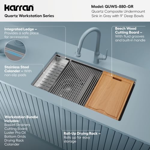 Karran 32.5" Grey Quartz Composite Undermount Double Bowl Workstation Kitchen Sink, 50/50 Chef Prep Station with Cutting Board, Roll-Up Mat, Colander, Bottom Grids and Accessories – QUWS-880 - Image 4