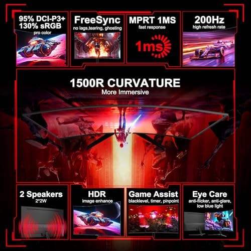 SANSUI 27 Inch Curved Gaming Monitor 200Hz 1ms with Speakers FHD 1080P Computer Monitor FreeSync|1500R|130% sRGB|HDR|Low Blue Light|HDMI DP Ports|VESA Mount|Metal Stand(HDMI Cable Incl.) - Image 2