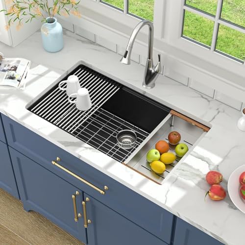 Lordear 30 Black Undermount Kitchen Sink Granite Composite 30X19 Inch Undermount Workstation Sinks Quartz Black Deep Single Bowl Sink - Image 2
