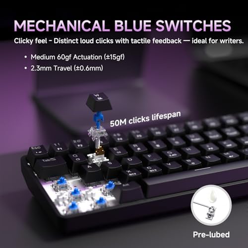DIERYA DK68 60% Wireless Mechanical Gaming Keyboard, 3-Mode, Bluetooth 5.0/2.4G/USB-C, RGB Backlit, 68-Key Compact Mini for Windows, Mac, Linux - Clicky Blue Switch - Black - Image 4