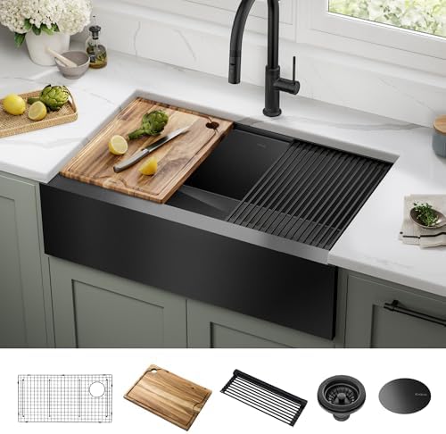 KRAUS Kore Workstation 33-inch Farmhouse Modern Flat Apron Front 16 Gauge Black Stainless Steel Single Bowl Kitchen Sink in PVD Gunmetal Finish with Accessories, KWF410-33/PGM - Image 2