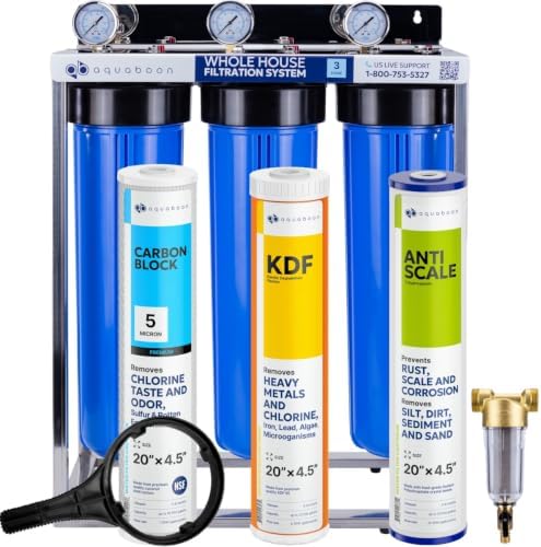 Aquaboon 3-Stage Whole House Water Filter System with 5 Micron 20x4.5 Anti-Scale Reducing Sediment, KDF Heavy Metals and Carbon Chlorine Reduction Water Filter Purification, Wrench, Bracket by Aquaboon