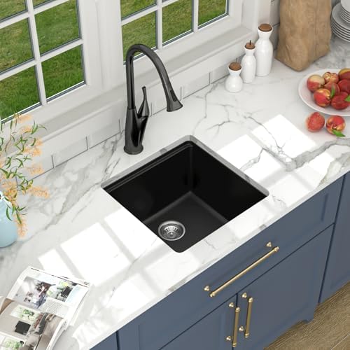 Lordear 18 Inch Undermount Granite Composite Bar Sink 18"x18" Composite Quartz Kitchen Sinks Black Single Bowl Under Counter Ledge Workstation Bar Prep RV Sink Basin - Image 4