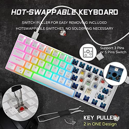 RK ROYAL KLUDGE RK61 Wired 60% Mechanical Gaming Keyboard, Compact PC Game Keyboards with QMK/VIA Programmable RGB Backlit, Hot Swappable Custom Keyboard for Win/MAC, Pre-lubed Red Switch, White - Image 4