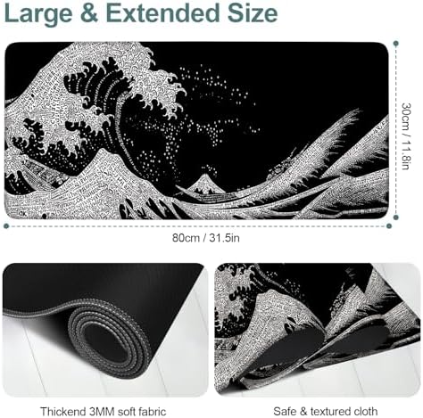 Black Waves Gaming Mouse Pad 31.5"x11.8" Large Extended Pad Desk Mat Anti-Slip Rubber Base & Durable Stitched Edges for Gamers Smooth Mouse Pad Writing Surface for Desk Office/Home - Image 2