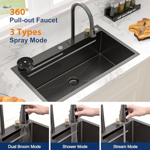 Sarlai 33 Inch Waterfall Kitchen Sink - 33x19 Black Waterfall Drop In Sink Workstation Stainless Steel 16 Gauge Sink Multifunction Single Bowl Smart Top Mount Kitchen Sinks with Faucet Combo - Image 6
