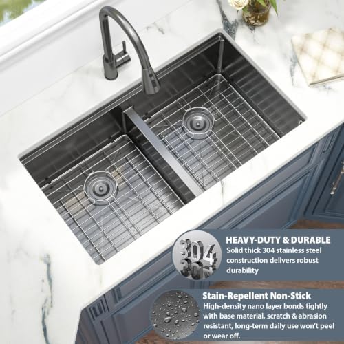 33 Black Undermount Kitchen Sink Double Bowl Workstation 50/50 Low Divide - Image 6