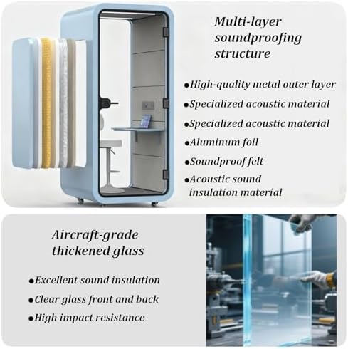 Quiet Meeting Pod with Acoustic Panels, Mobile Office Pod Booth, Built-in Ventilation System, Mobile Focus Room with Wheel&LED Lighting for Private Phone Calling(Green,110cm) - Image 3