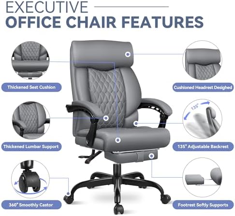 Office Chair, Big and Tall Office Desk Chair, Reclining Office Chair with Footrest Home Office Desk Chairs, High Back Ergonomic with Lumbar Support, Executive Leather - Image 6
