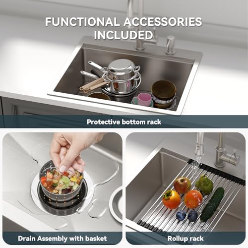 Lordear Drop In Kitchen Sink 25 Inch Stainless Steel Drop In Workstation Sinks 16 Gauge Ledge Workstation 25x22 Drop-in Topmount Single Bowl Kitchen Sink With Accessories - Image 6