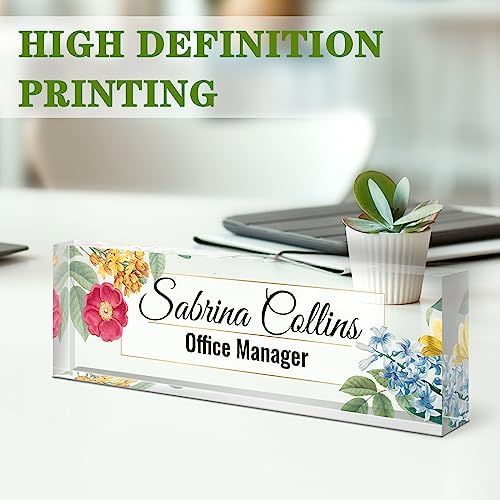 Name Plate for Desk, Desk Name Plate Personalized, Blue Office Decor for Women Men, Acrylic Desktop Accessories, Office Gifts for Boss Nurse Teacher Coworker, Employee Appreciation Gift (Flowers B) - Image 3