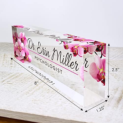 Artblox Custom Desk Name Plate - Orchids Design on Clear Acrylic Glass - Personalized with Your Name and Credentials for Office - Image 3