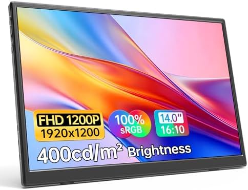 WGK 14 inch Portable Monitor 1200P FHD+ 100% sRGB Travel Display HDMI/USB-C Compatible with Laptops, Desktops, Phones, PS, Mac, Xbox, Switch, and Other Gaming Devices Includes Stand and Speakers VESA by Unknown