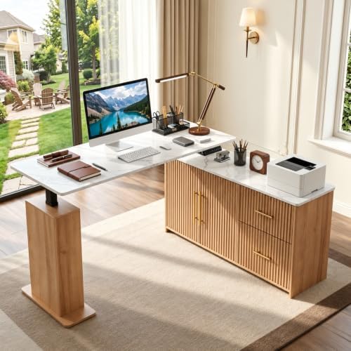 NORTHSKY 55" L-Shaped Electric Standing Desk with Drawers and Storage Cabinet, Height Adjustable Corner Desk for Home Office, 3 Memory Presets (Natural Oak & White Marble, Right Cabinet) by NorthSky