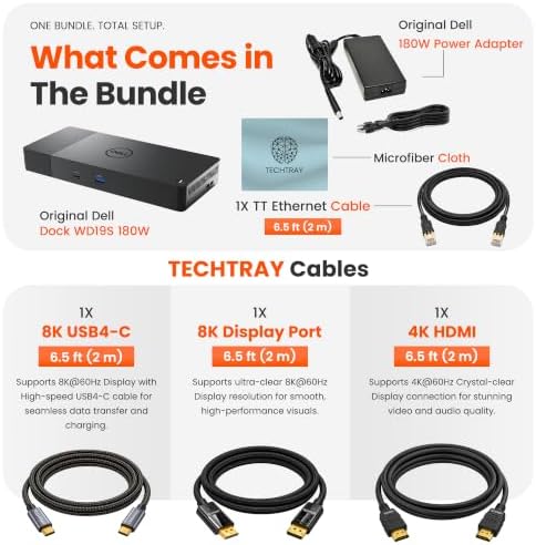 WD19S Dell Docking Station Dual Monitor USB-C Bundle, 180W Power Adapter, with TT Cables Each 2m, DisplayPort, HDMI, USB4-C, Ethernet Microfiber Cloth Included, with 3-Year Warranty - Image 2