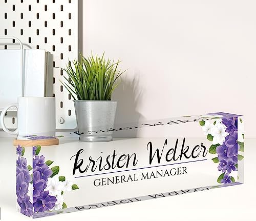 Custom Name Plate for Desk, Desk Name Plate Personalized, Office Decor for Women, Acrylic Desktop Accessories, Office Appreciation Gifts for Boss Social Workers Nurse Teacher Employee(Purple Flowers) by Spricoz