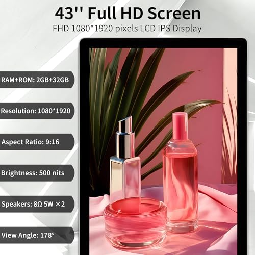 43 Inch Digital Signage, FHD 1080P Commercial Interactive Kiosk LCD Android Monitor Indoor Advertising Display with 500 Nits High Brightness, Android 14 (4+32GB), Non-Touch - Image 2